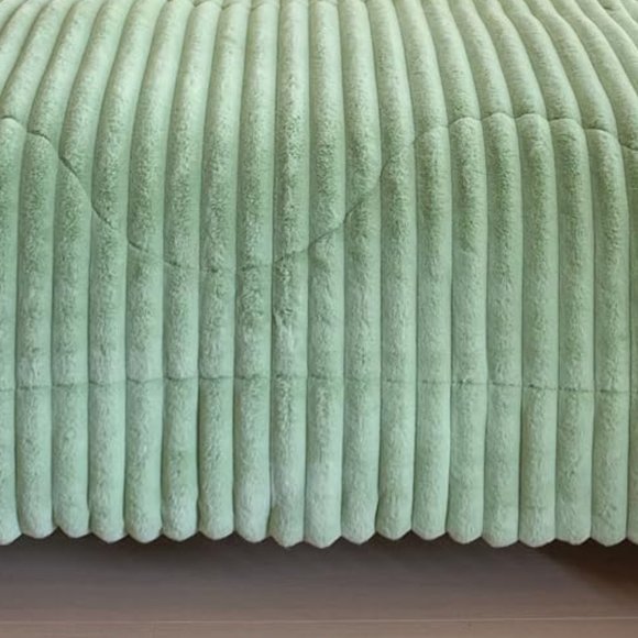 Mint Green Soft Faux Fur Bedding Set Striped Comforter Shams King Size Bed New - Picture 4 of 10